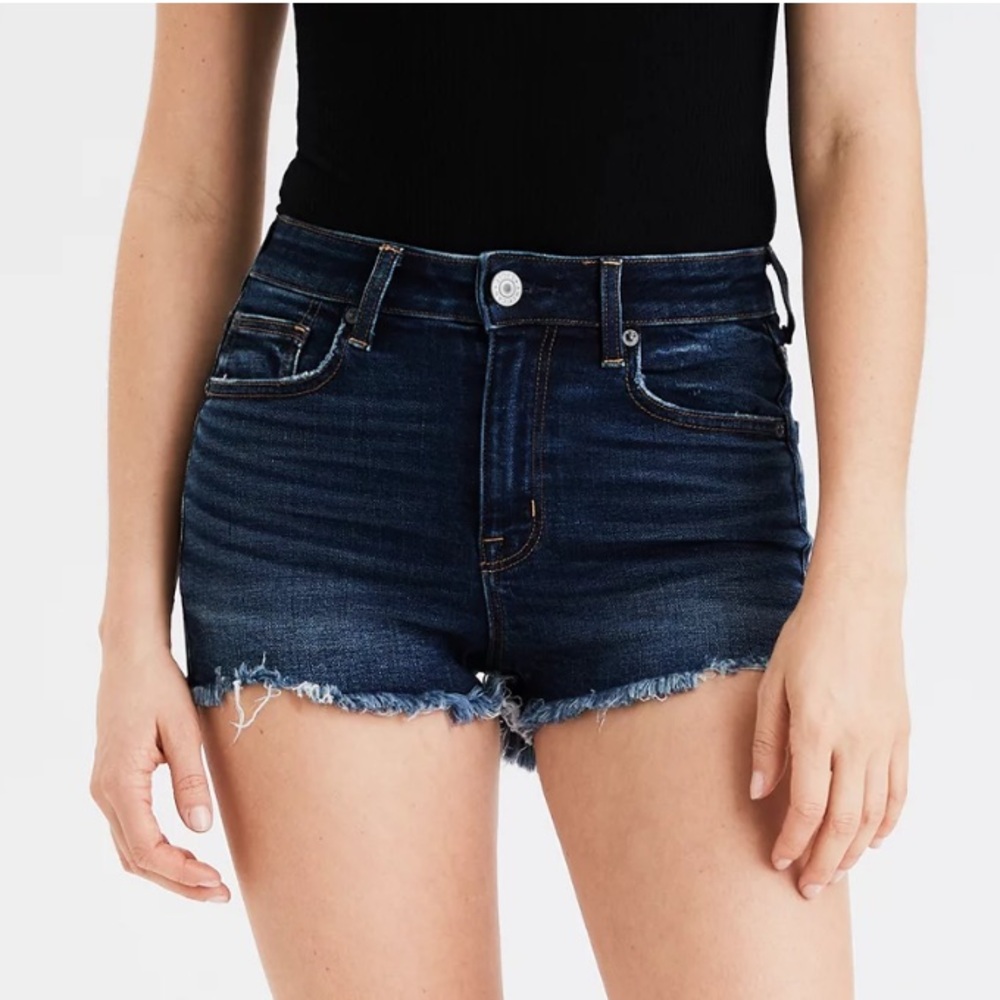 American eagle high waisted denim short shorts dark wash frayed hem - US 2